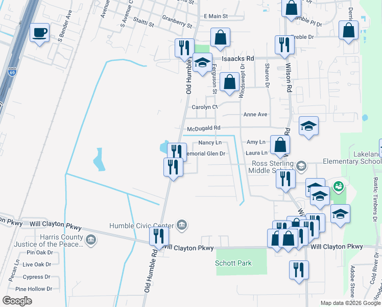 map of restaurants, bars, coffee shops, grocery stores, and more near 1112 Memorial Glen Drive in Humble