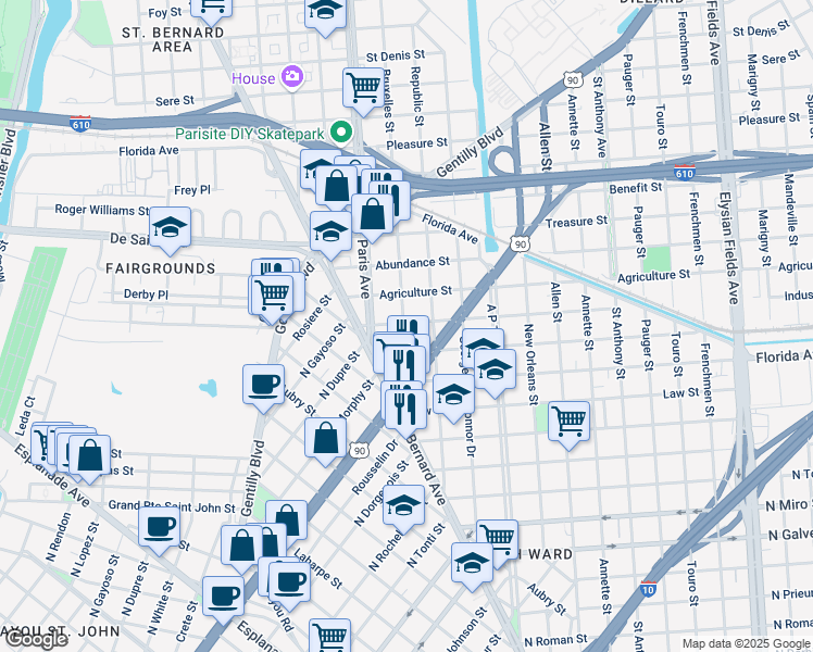 map of restaurants, bars, coffee shops, grocery stores, and more near 1622 Agriculture Street in New Orleans
