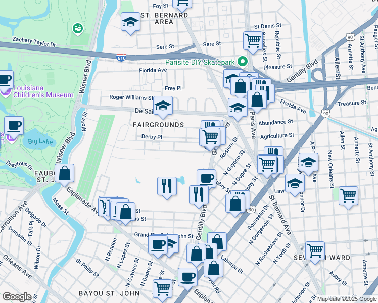 map of restaurants, bars, coffee shops, grocery stores, and more near 3202 Castiglione Street in New Orleans