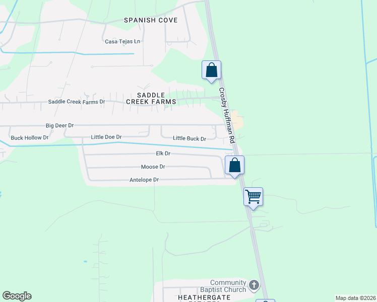 map of restaurants, bars, coffee shops, grocery stores, and more near 211 Little Buck Drive in Crosby