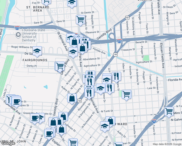 map of restaurants, bars, coffee shops, grocery stores, and more near 1657 Industry Street in New Orleans