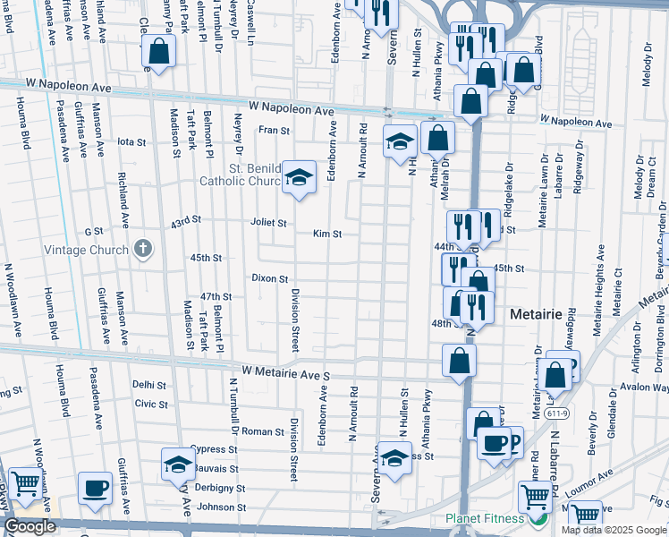 map of restaurants, bars, coffee shops, grocery stores, and more near 3609 45th Street in Metairie