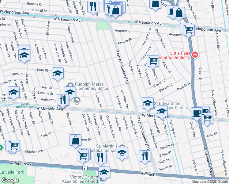 map of restaurants, bars, coffee shops, grocery stores, and more near 1124 Kent Avenue in Metairie