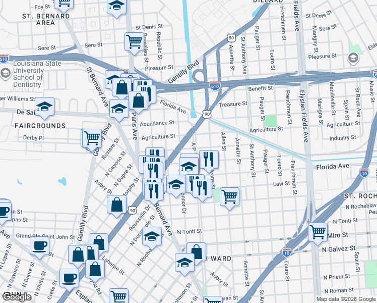 map of restaurants, bars, coffee shops, grocery stores, and more near 33146 North Broad Street in New Orleans