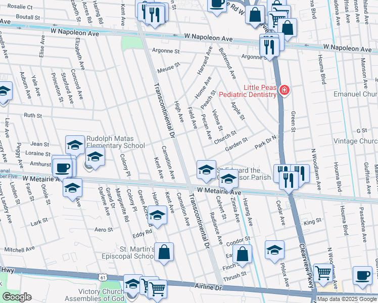 map of restaurants, bars, coffee shops, grocery stores, and more near 1300 High Avenue in Metairie