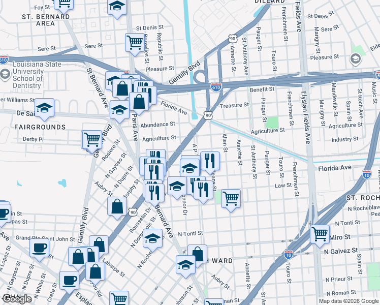 map of restaurants, bars, coffee shops, grocery stores, and more near 33146 North Broad Street in New Orleans
