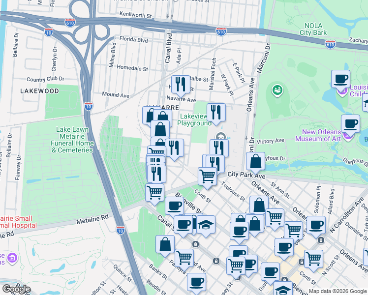 map of restaurants, bars, coffee shops, grocery stores, and more near 811 Weiblen Place in New Orleans