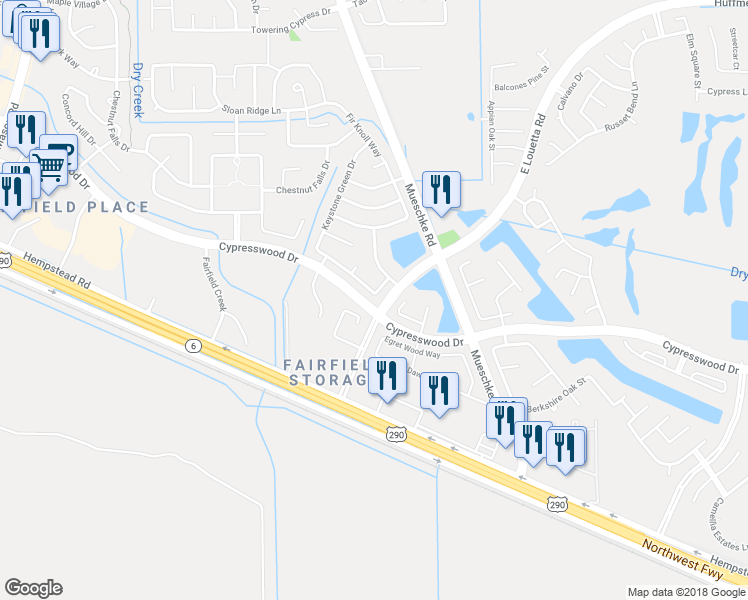 map of restaurants, bars, coffee shops, grocery stores, and more near 19503 Jackson Brook Way in Cypress