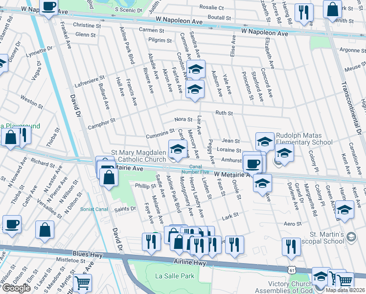 map of restaurants, bars, coffee shops, grocery stores, and more near 1201 Cardinal Avenue in Metairie