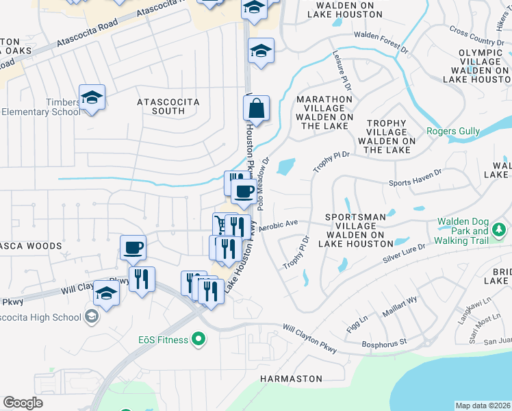 map of restaurants, bars, coffee shops, grocery stores, and more near 18623 Polo Meadow Drive in Humble