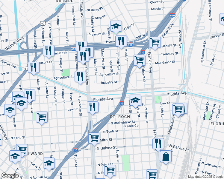map of restaurants, bars, coffee shops, grocery stores, and more near 2721 Mandeville Street in New Orleans