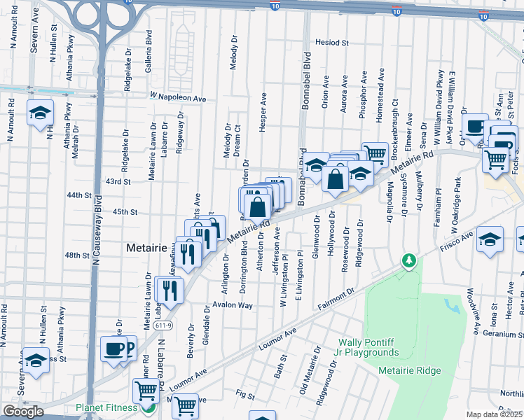 map of restaurants, bars, coffee shops, grocery stores, and more near 121 Hesper Avenue in Metairie