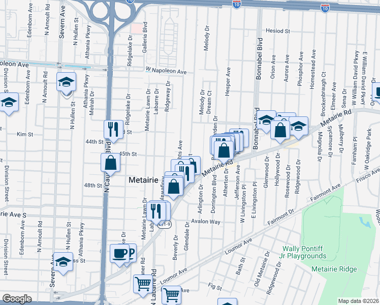 map of restaurants, bars, coffee shops, grocery stores, and more near 64 Metairie Court in Metairie