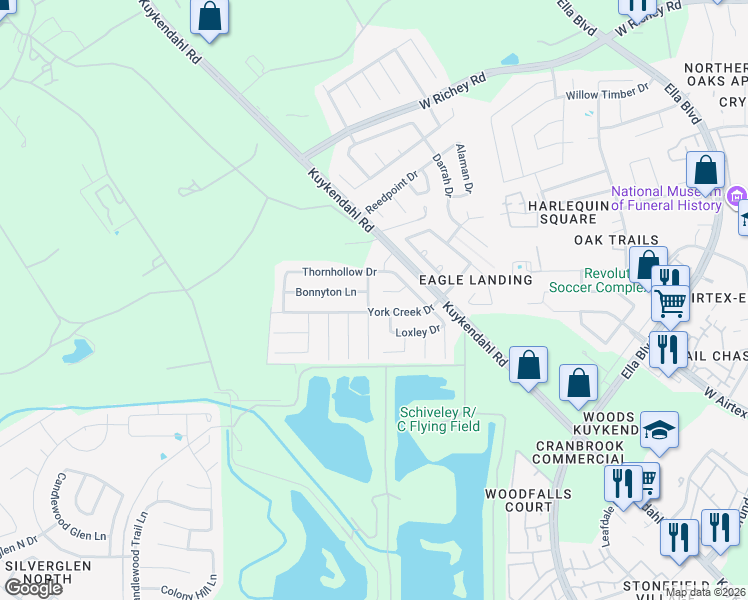 map of restaurants, bars, coffee shops, grocery stores, and more near 1606 Bonnyton Lane in Houston