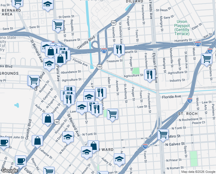 map of restaurants, bars, coffee shops, grocery stores, and more near 1863 Industry Street in New Orleans