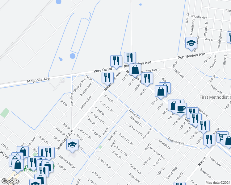 map of restaurants, bars, coffee shops, grocery stores, and more near 2353 1st Street in Port Neches