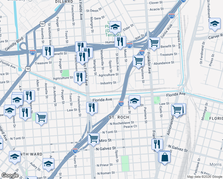 map of restaurants, bars, coffee shops, grocery stores, and more near 2721 Mandeville Street in New Orleans