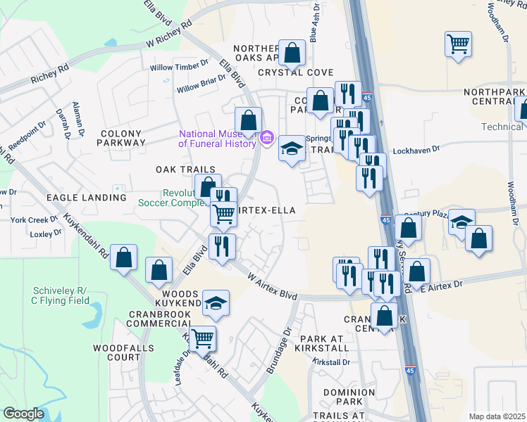 map of restaurants, bars, coffee shops, grocery stores, and more near 15100 Ella Boulevard in Houston