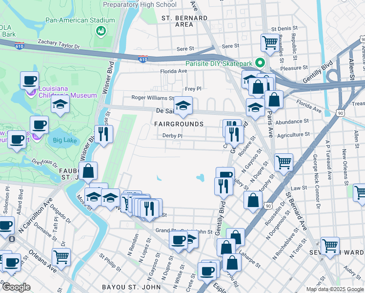 map of restaurants, bars, coffee shops, grocery stores, and more near 3339 Belfort Avenue in New Orleans