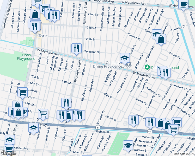 map of restaurants, bars, coffee shops, grocery stores, and more near 805 Blanche Street in Metairie