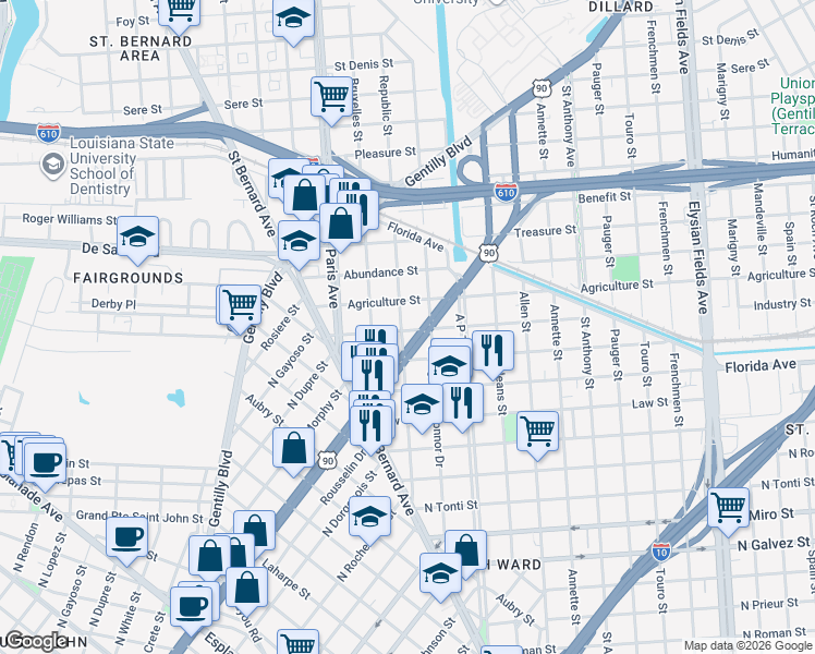 map of restaurants, bars, coffee shops, grocery stores, and more near 2814 Republic Street in New Orleans