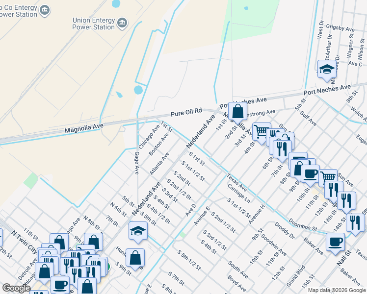 map of restaurants, bars, coffee shops, grocery stores, and more near 111 Atlanta Avenue in Nederland