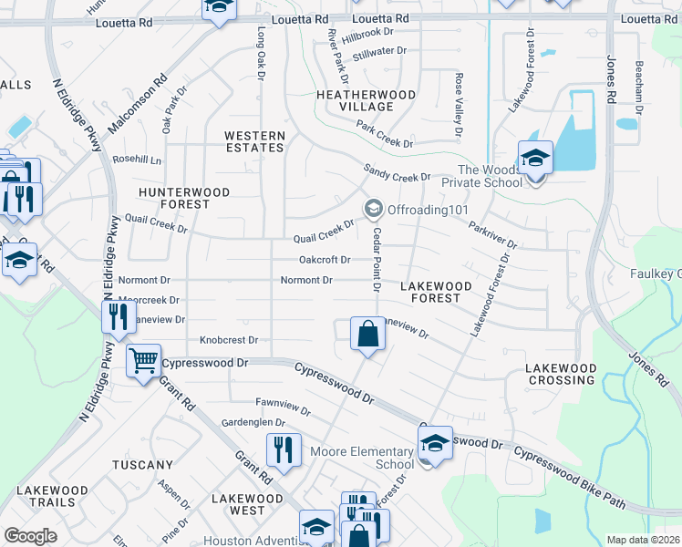 map of restaurants, bars, coffee shops, grocery stores, and more near 11907 Oakcroft Drive in Houston