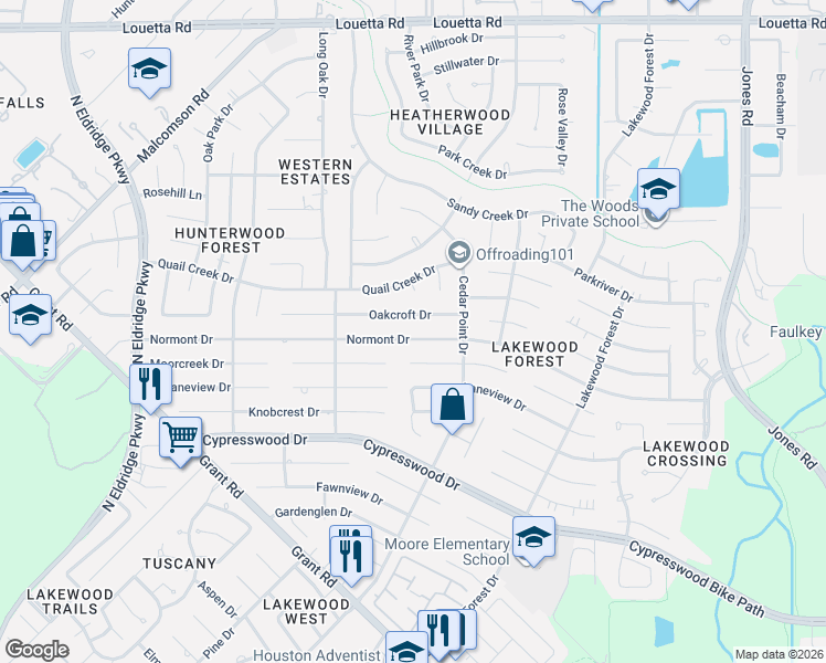 map of restaurants, bars, coffee shops, grocery stores, and more near 11907 Oakcroft Drive in Houston