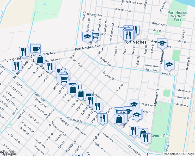 map of restaurants, bars, coffee shops, grocery stores, and more near 1923 10th Street in Port Neches