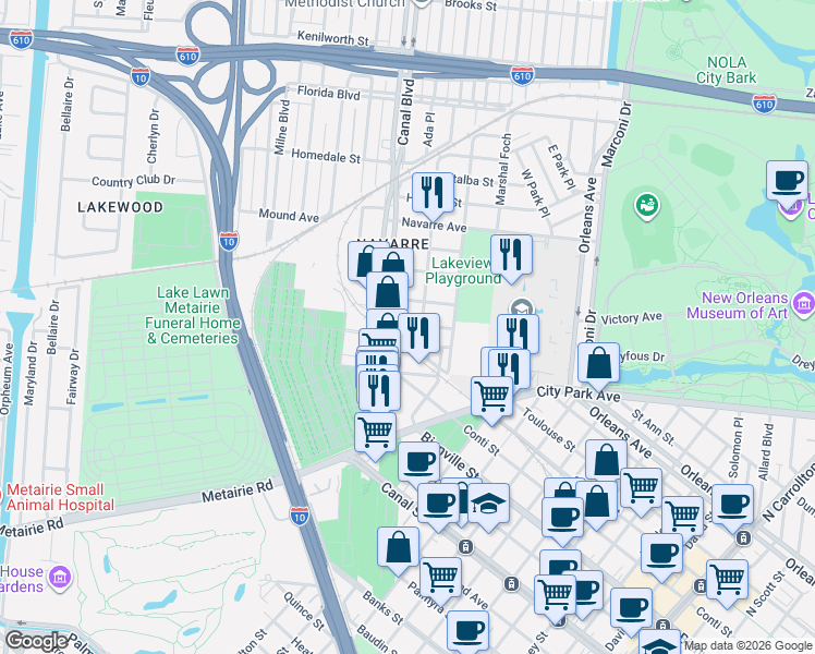map of restaurants, bars, coffee shops, grocery stores, and more near 5303 Canal Boulevard in New Orleans