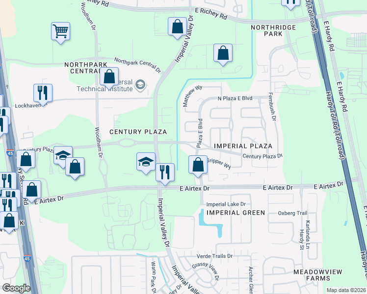 map of restaurants, bars, coffee shops, grocery stores, and more near 920 Century Plaza Drive in Houston