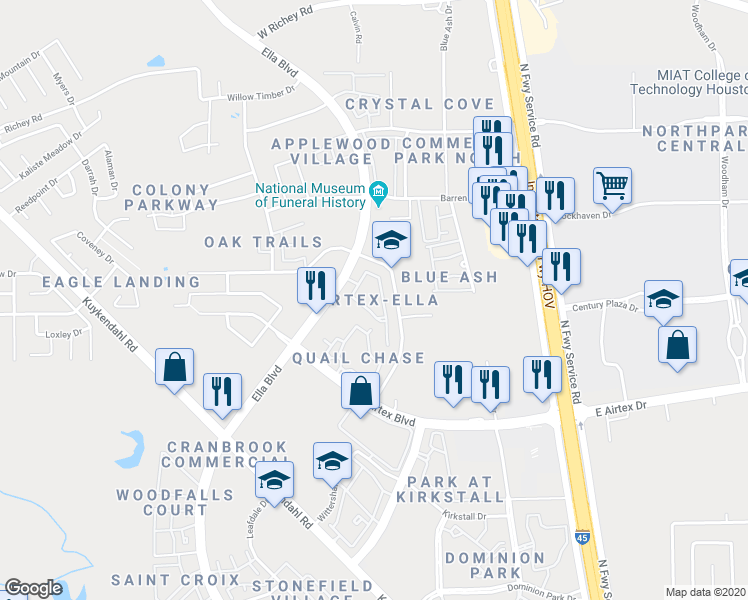 map of restaurants, bars, coffee shops, grocery stores, and more near 15100 Ella Boulevard in Houston