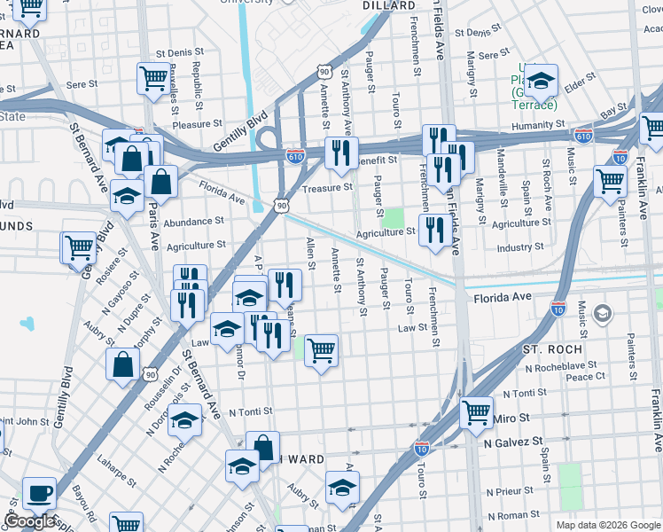 map of restaurants, bars, coffee shops, grocery stores, and more near 1933 Industry Street in New Orleans