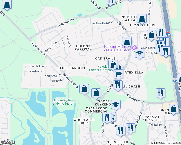 map of restaurants, bars, coffee shops, grocery stores, and more near 942 Grand Plains Drive in Houston
