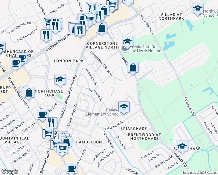 map of restaurants, bars, coffee shops, grocery stores, and more near 14355 Cornerstone Village Drive in Houston