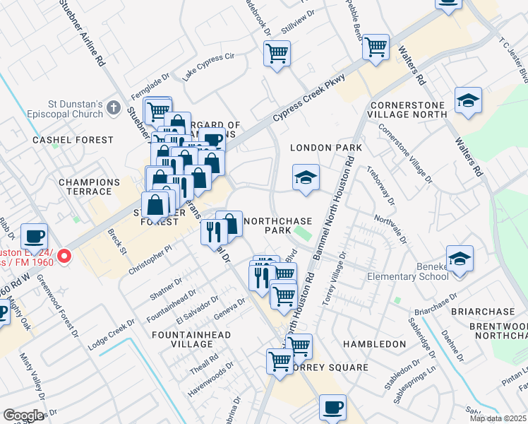 map of restaurants, bars, coffee shops, grocery stores, and more near 14505 Torrey Chase Boulevard in Houston