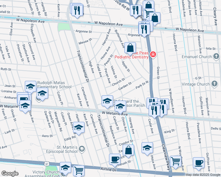 map of restaurants, bars, coffee shops, grocery stores, and more near 1213 Field Avenue in Metairie