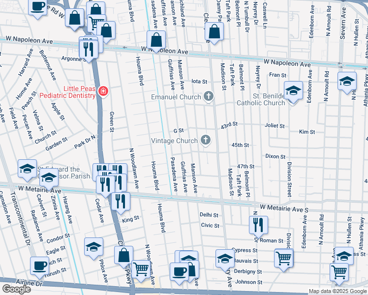 map of restaurants, bars, coffee shops, grocery stores, and more near 1400 Giuffrias Avenue in Metairie
