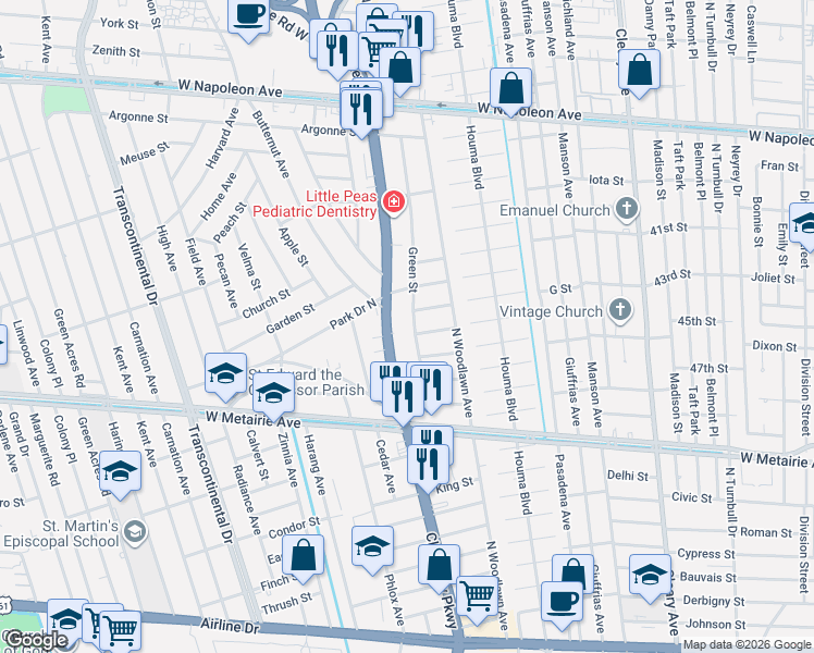 map of restaurants, bars, coffee shops, grocery stores, and more near 1312 Green Street in Metairie