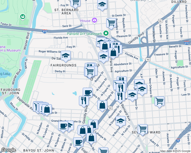 map of restaurants, bars, coffee shops, grocery stores, and more near 3010 Serantine Street in New Orleans