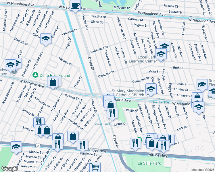 map of restaurants, bars, coffee shops, grocery stores, and more near 1132 Frankel Avenue in Metairie