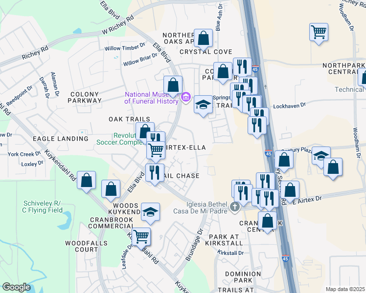 map of restaurants, bars, coffee shops, grocery stores, and more near 15100 Ella Boulevard in Houston