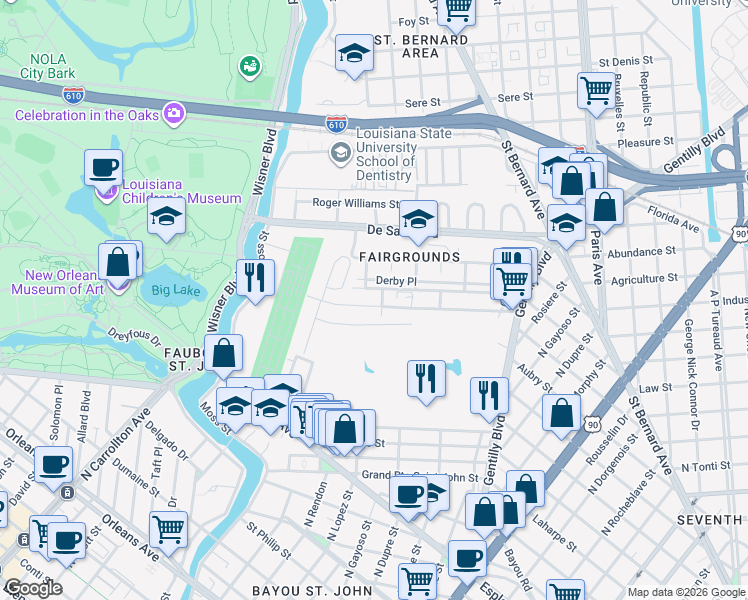 map of restaurants, bars, coffee shops, grocery stores, and more near 3413 Belfort Avenue in New Orleans