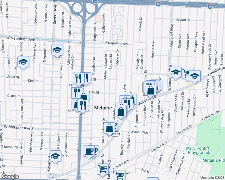 map of restaurants, bars, coffee shops, grocery stores, and more near 417 Labarre Drive in Metairie
