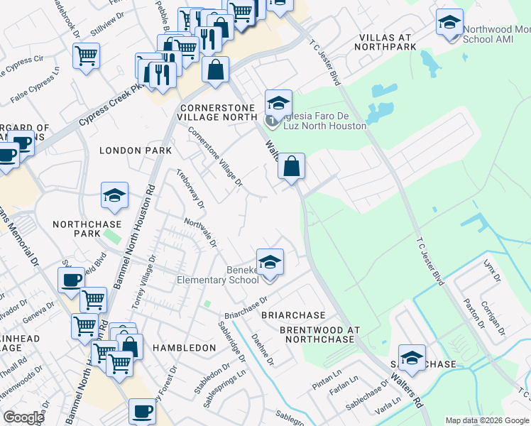 map of restaurants, bars, coffee shops, grocery stores, and more near 14131 Cornerstone Village Drive in Houston