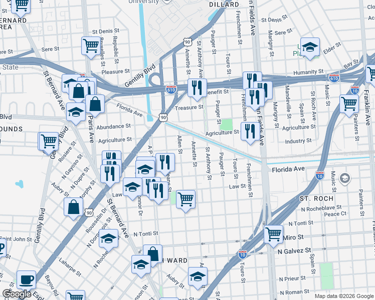 map of restaurants, bars, coffee shops, grocery stores, and more near 1933 Industry Street in New Orleans