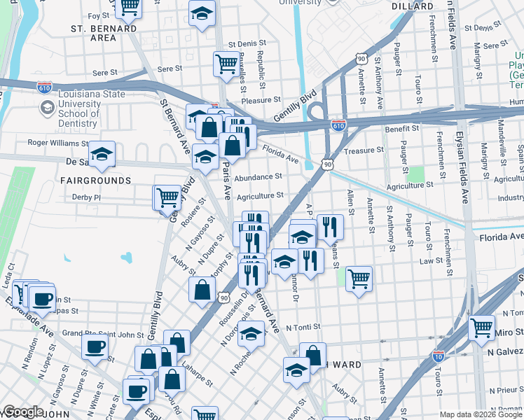 map of restaurants, bars, coffee shops, grocery stores, and more near 2814 Republic Street in New Orleans