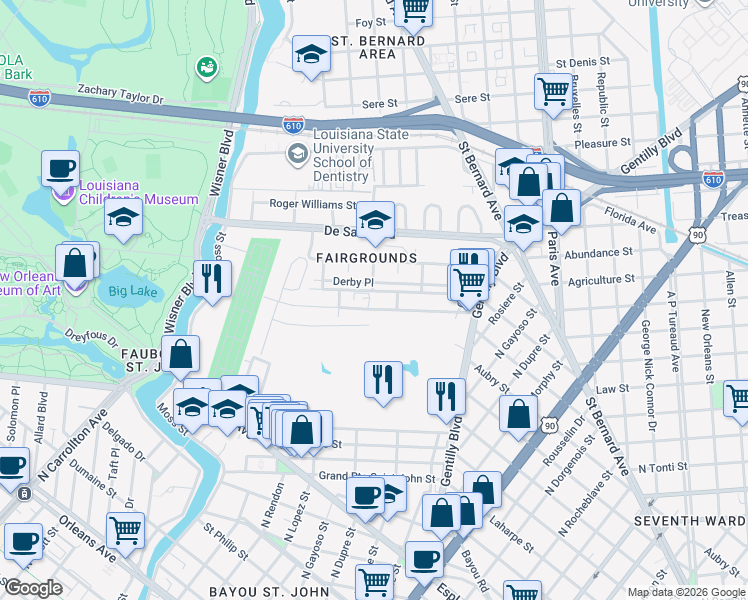 map of restaurants, bars, coffee shops, grocery stores, and more near 3408 Derby Place in New Orleans