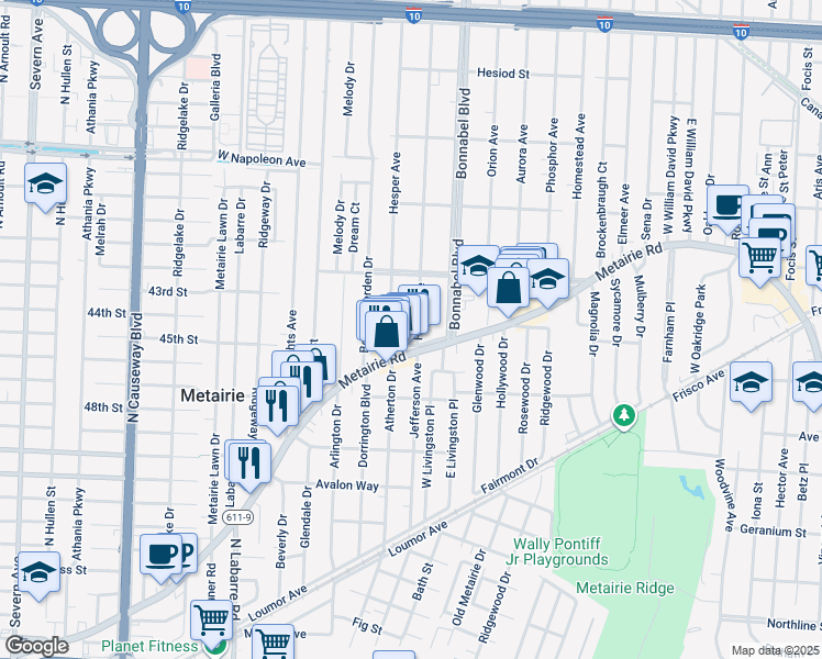 map of restaurants, bars, coffee shops, grocery stores, and more near 121 Hesper Avenue in Metairie