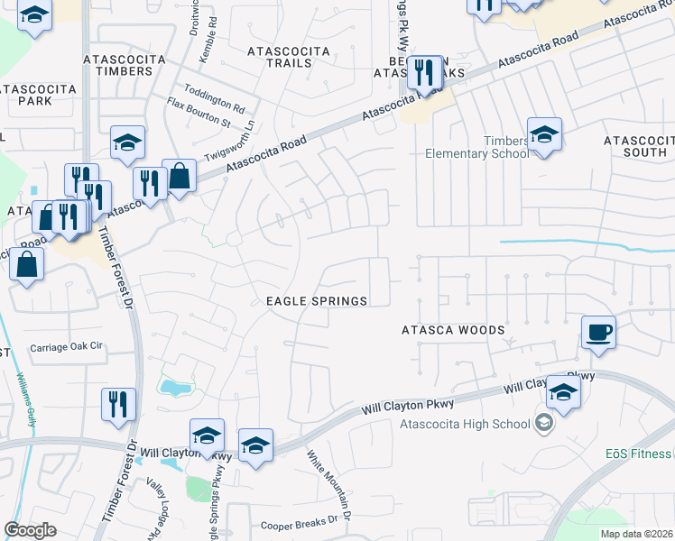 map of restaurants, bars, coffee shops, grocery stores, and more near 18414 Yellowstone Trail in Humble